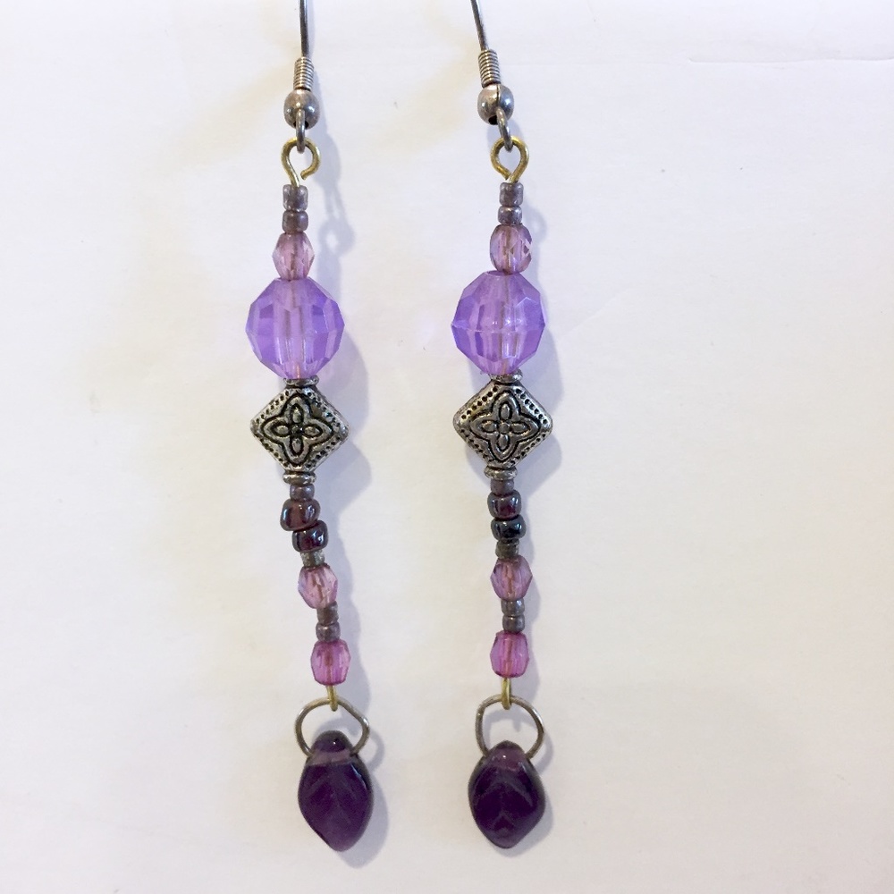 Purple Silver Tone Beaded Drop Dangle Earrings - Picture 5 of 6